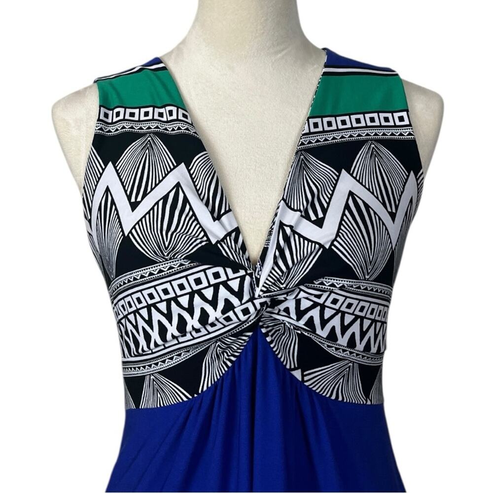 Chico’s Size 0 Blue Green Geometric Twist Front Stretch Maxi Dress XS Jersey - Picture 6 of 11